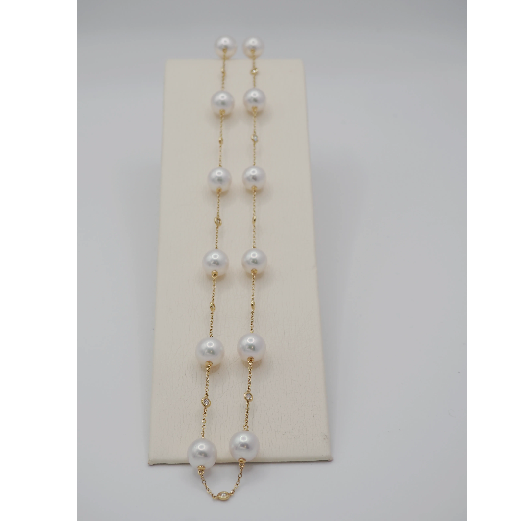 Ogden of Harrogate Jewellery Single Row of Diamond and Akoya Pearl Necklace on a 18k Yellow Gold Chain