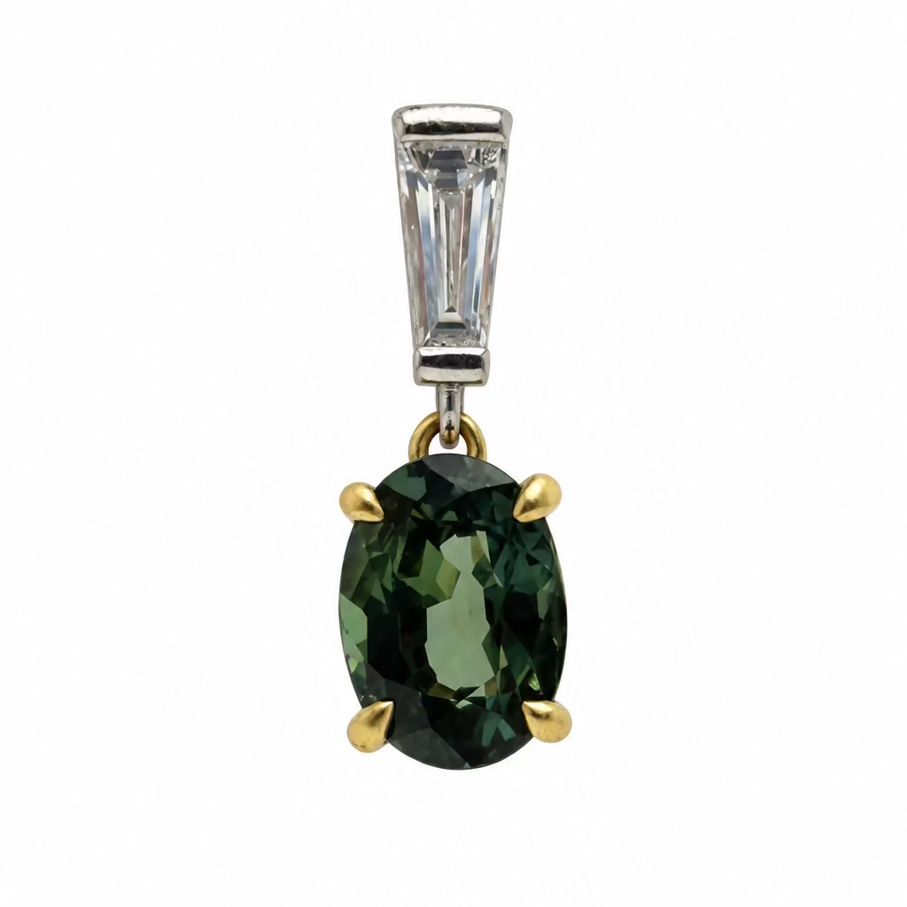 Ogden Of Harrogate Jewellery Teal Sapphire and Tapered Baguette Drop Earrings in 18CT Yellow and White Gold