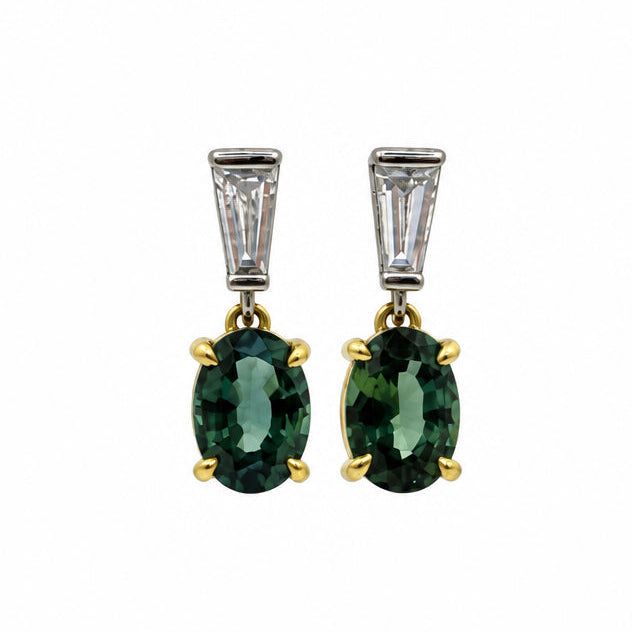 Ogden Of Harrogate Jewellery Teal Sapphire and Tapered Baguette Drop Earrings in 18CT Yellow and White Gold