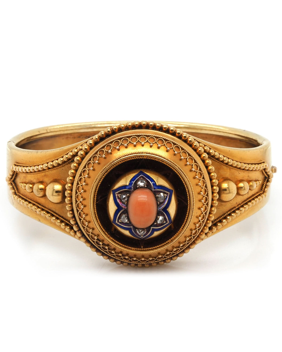 Ogden of Harrogate Jewellery Victorian 15ct Yellow Gold Ornate Hinged Coral-Set Mourning Bangle, c.1890