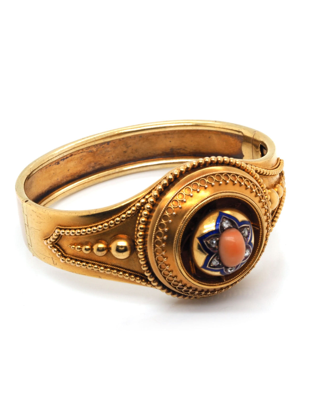 Ogden of Harrogate Jewellery Victorian 15ct Yellow Gold Ornate Hinged Coral-Set Mourning Bangle, c.1890