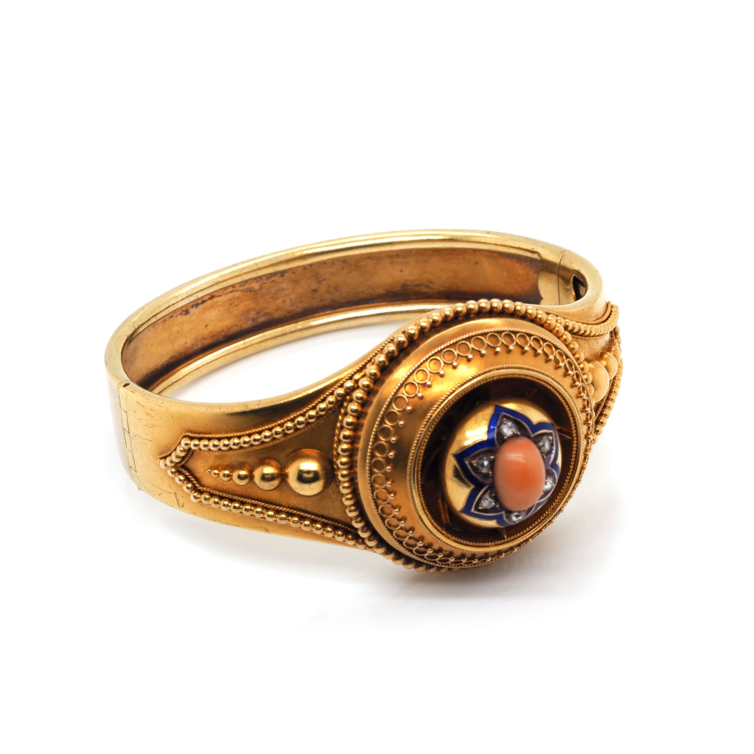 Ogden of Harrogate Jewellery Victorian 15ct Yellow Gold Ornate Hinged Coral-Set Mourning Bangle, c.1890