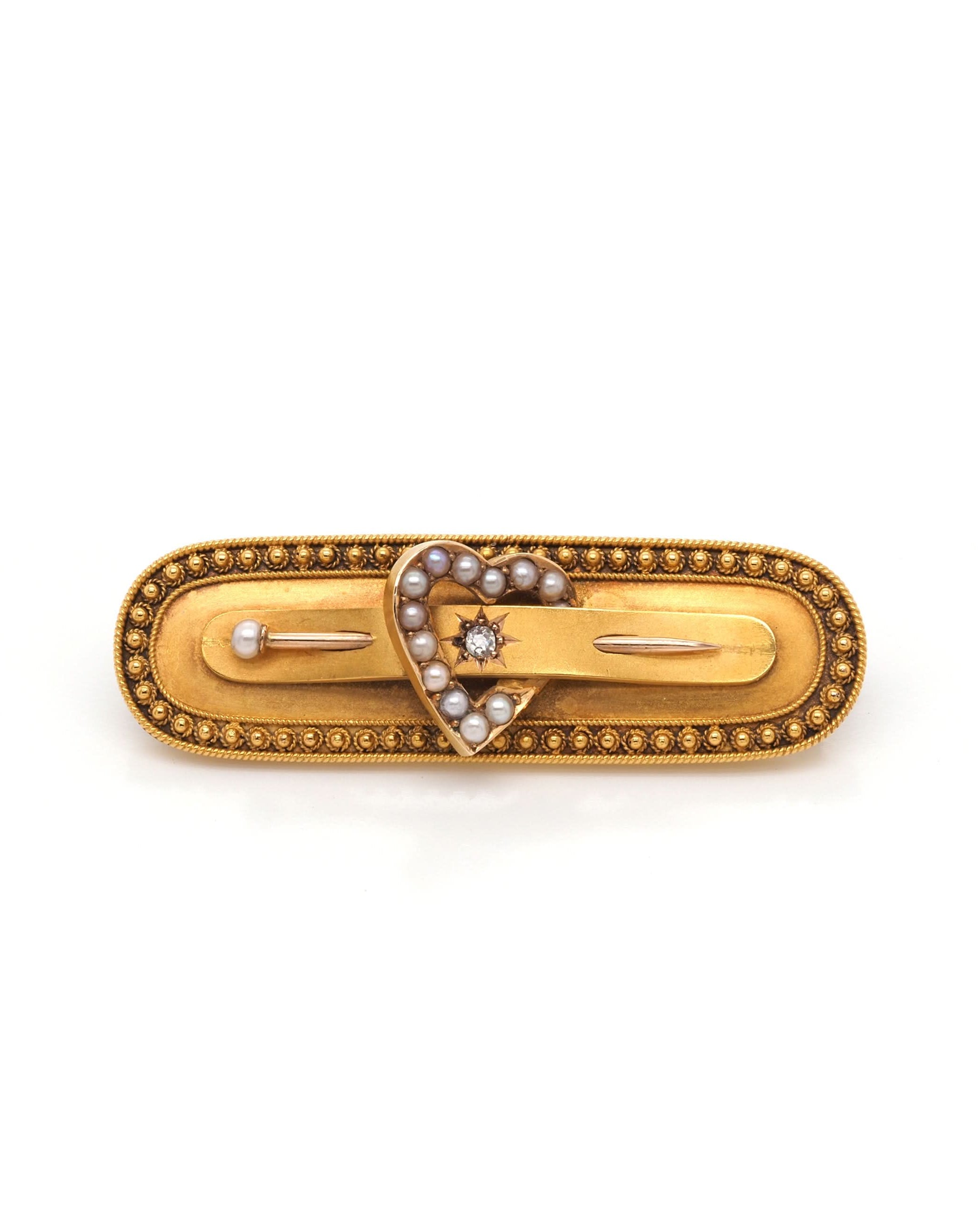 Ogden of Harrogate Jewellery Victorian 15ct Yellow Gold Pearl and Diamond Lover's Brooch, c.1893