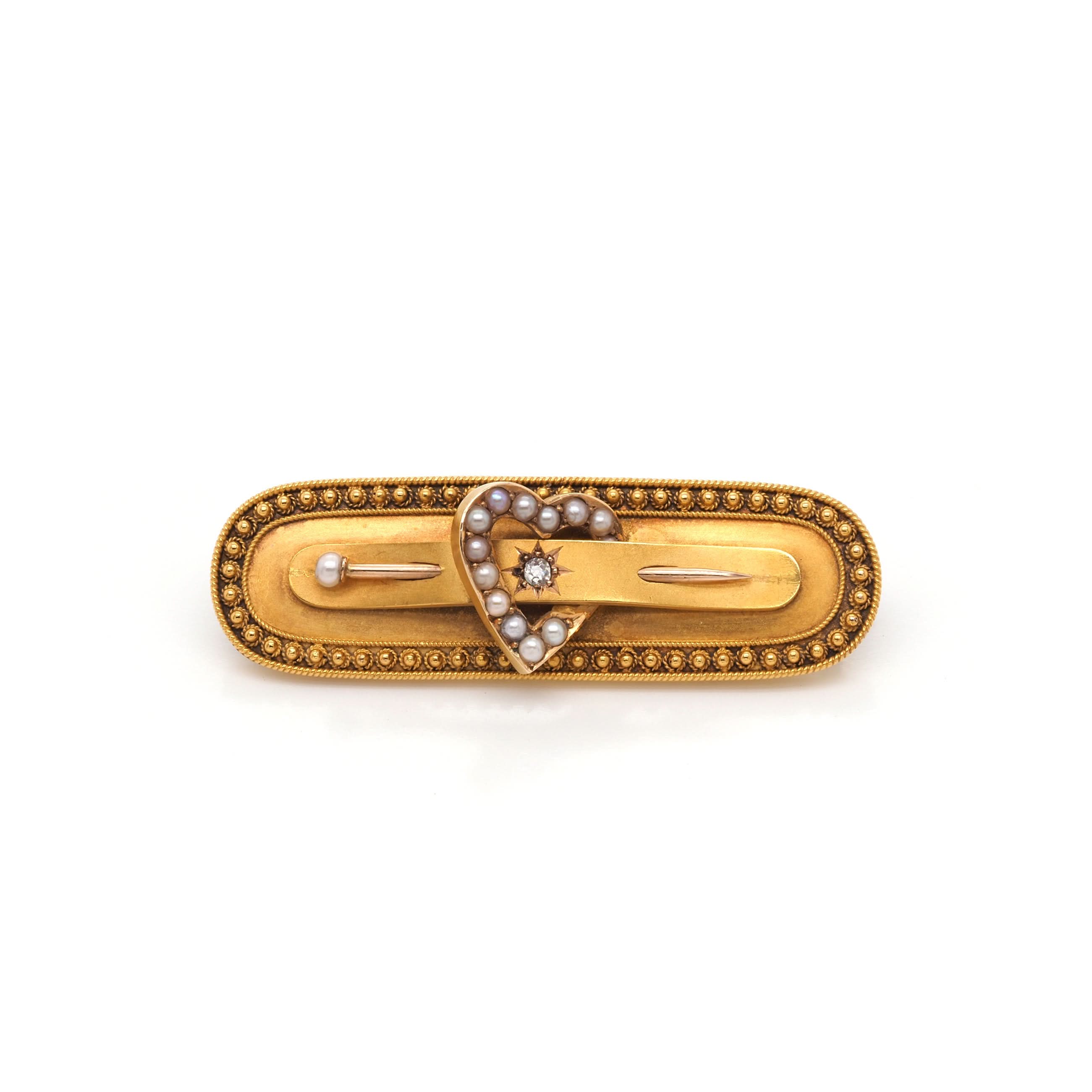 Ogden of Harrogate Jewellery Victorian 15ct Yellow Gold Pearl and Diamond Lover's Brooch, c.1893