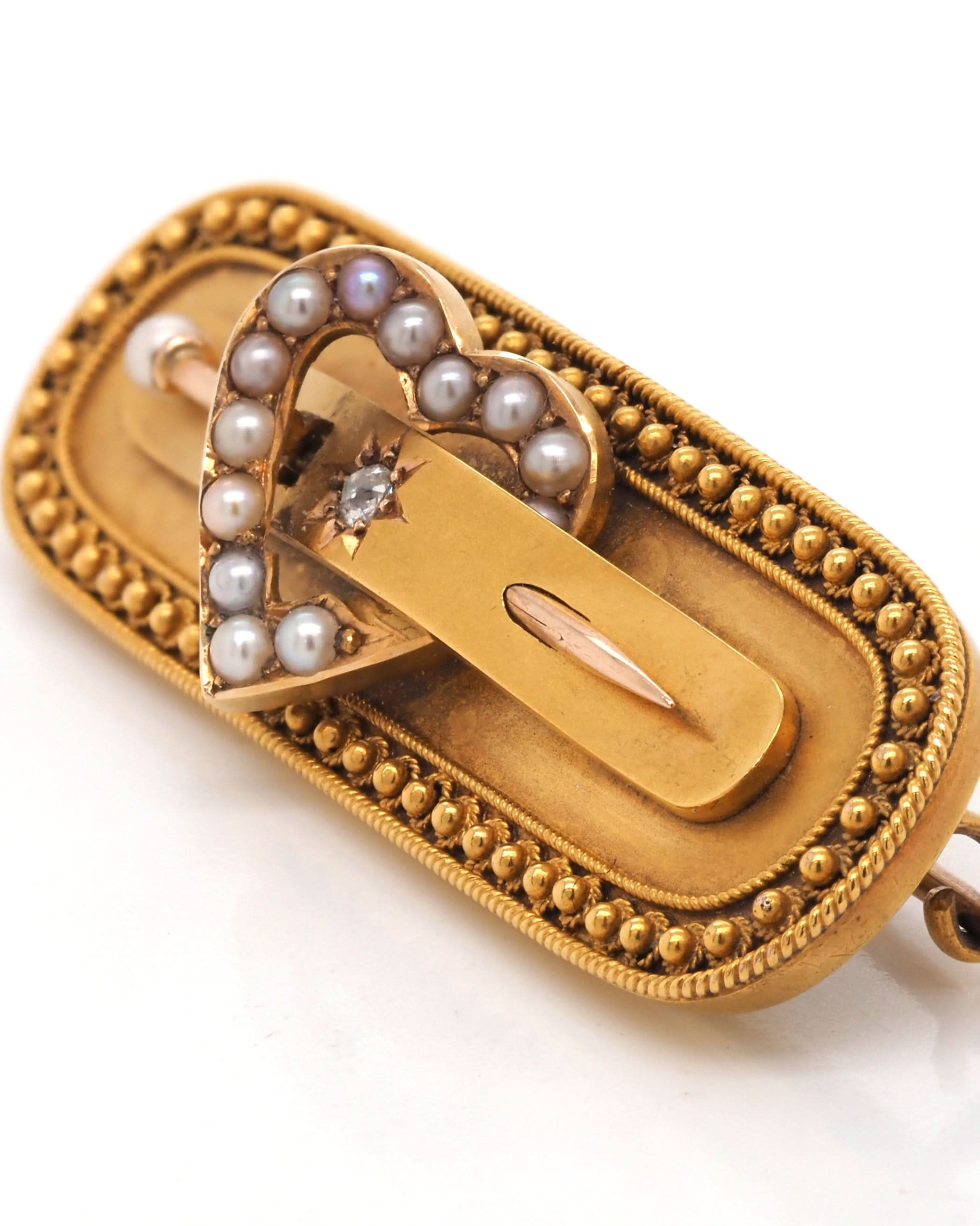 Ogden of Harrogate Jewellery Victorian 15ct Yellow Gold Pearl and Diamond Lover's Brooch, c.1893
