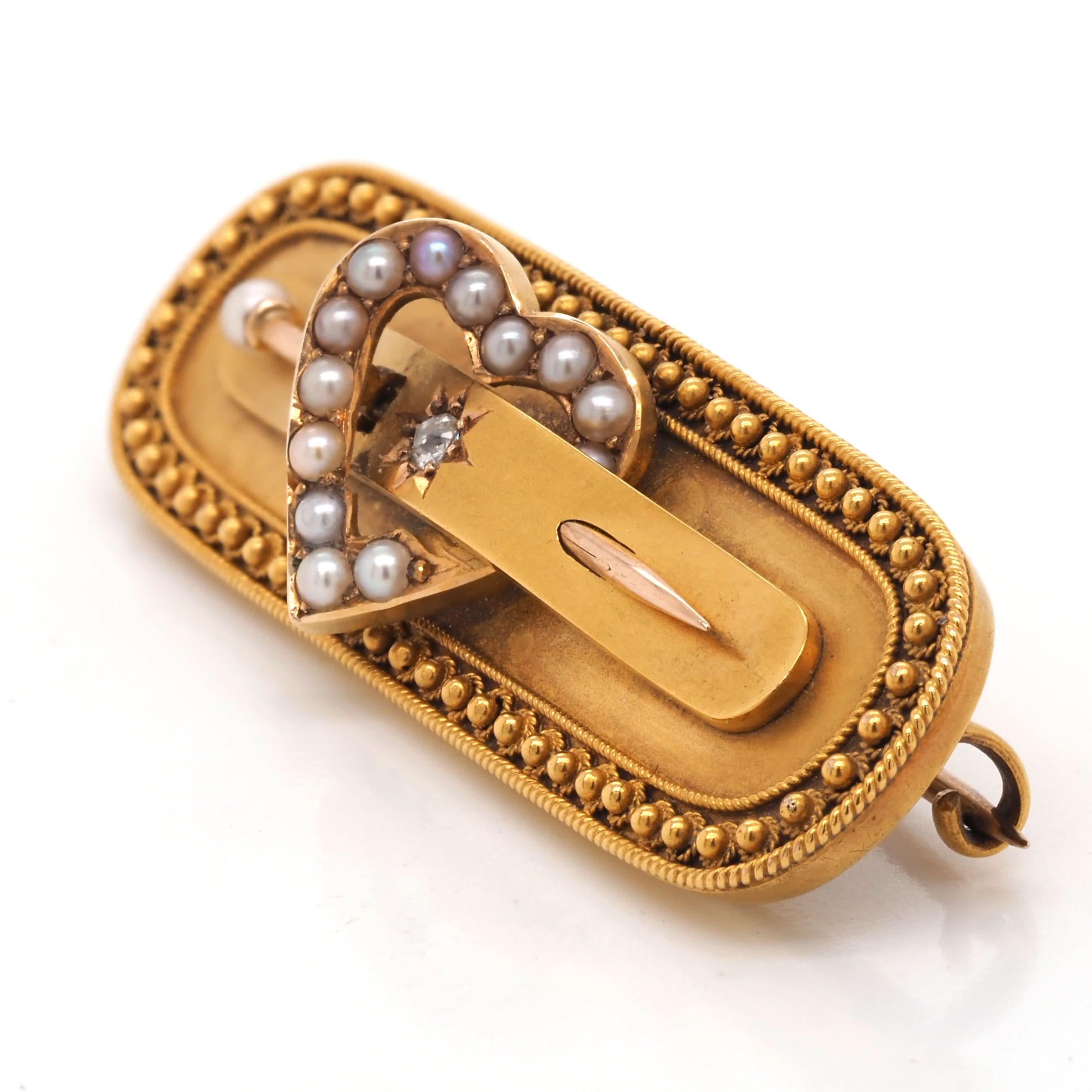Ogden of Harrogate Jewellery Victorian 15ct Yellow Gold Pearl and Diamond Lover's Brooch, c.1893