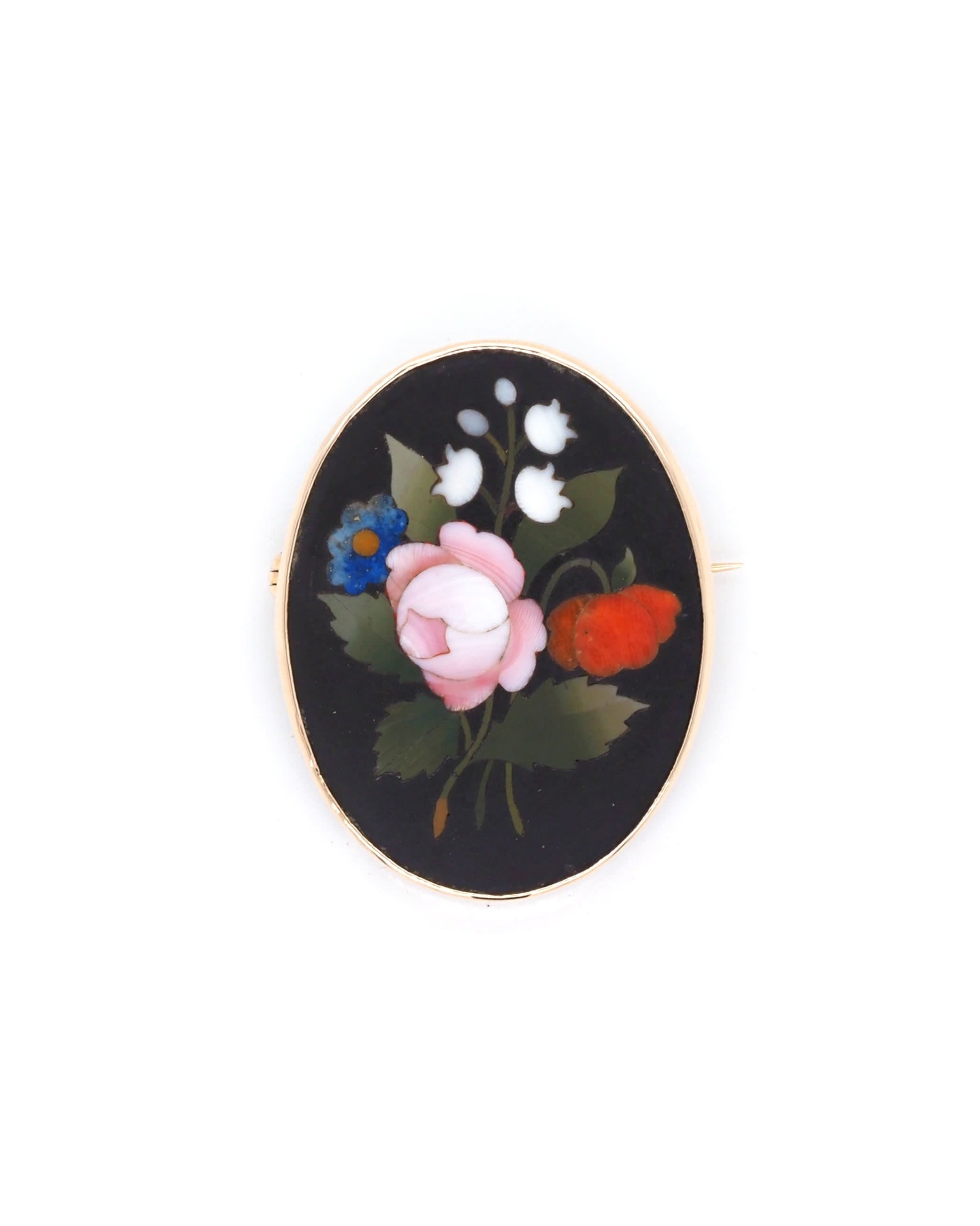 Ogden of Harrogate Jewellery Victorian 9ct Yellow Gold Oval Pietra Dura Flower Brooch