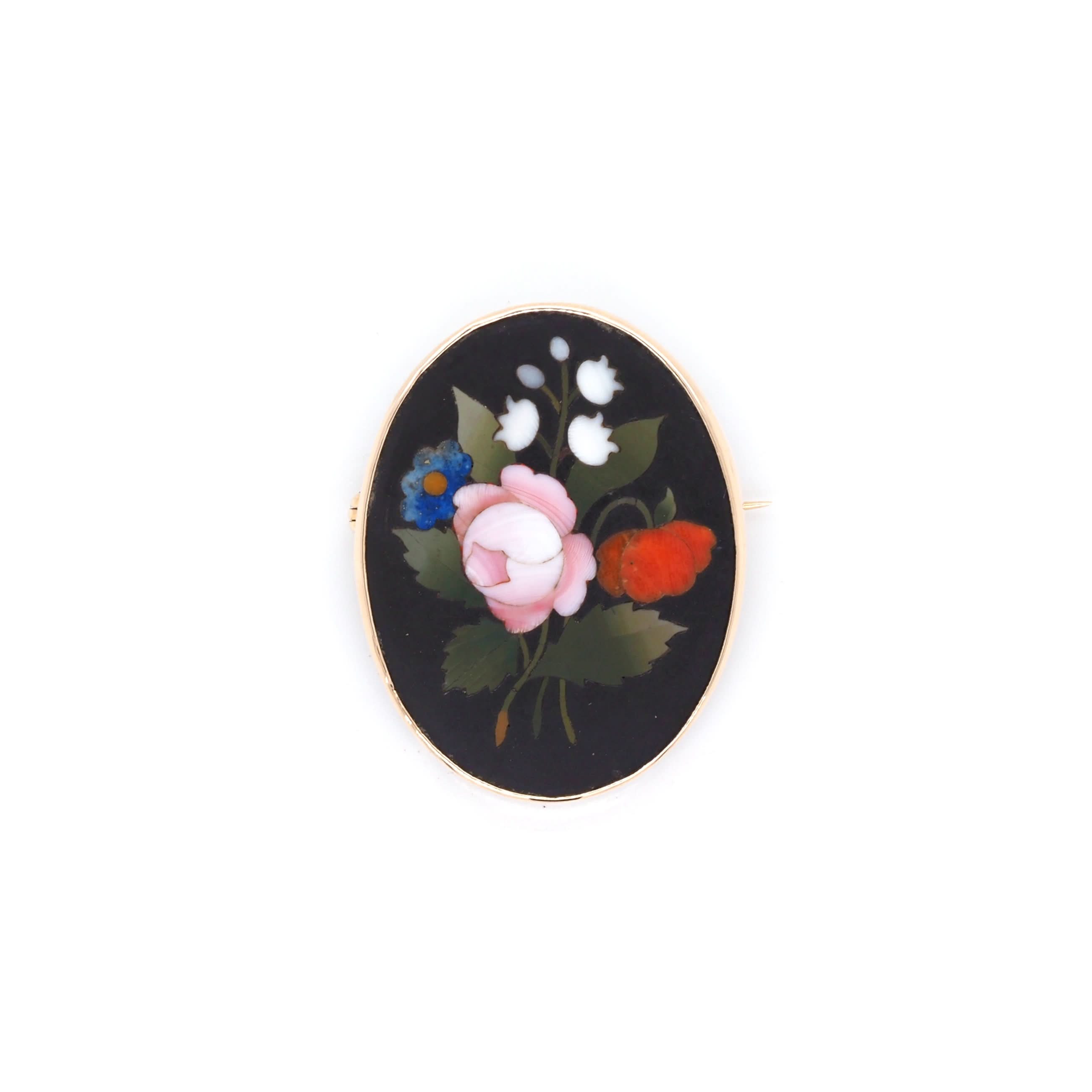 Ogden of Harrogate Jewellery Victorian 9ct Yellow Gold Oval Pietra Dura Flower Brooch