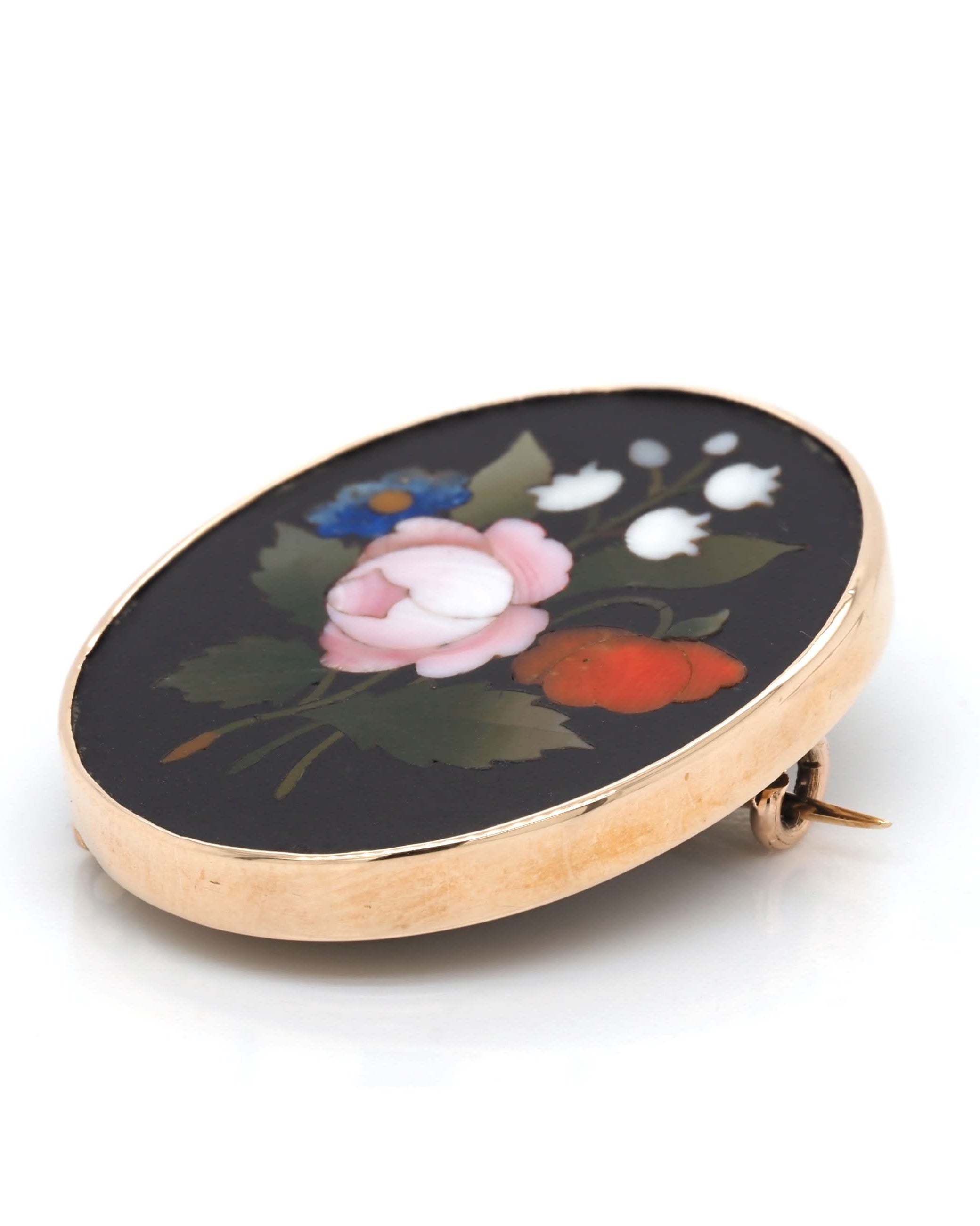 Ogden of Harrogate Jewellery Victorian 9ct Yellow Gold Oval Pietra Dura Flower Brooch