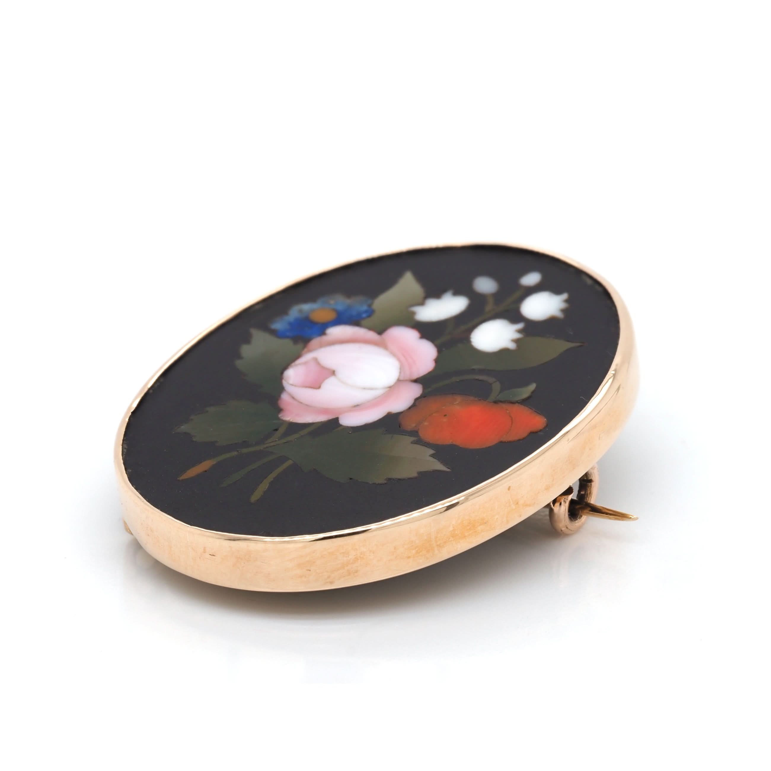 Ogden of Harrogate Jewellery Victorian 9ct Yellow Gold Oval Pietra Dura Flower Brooch