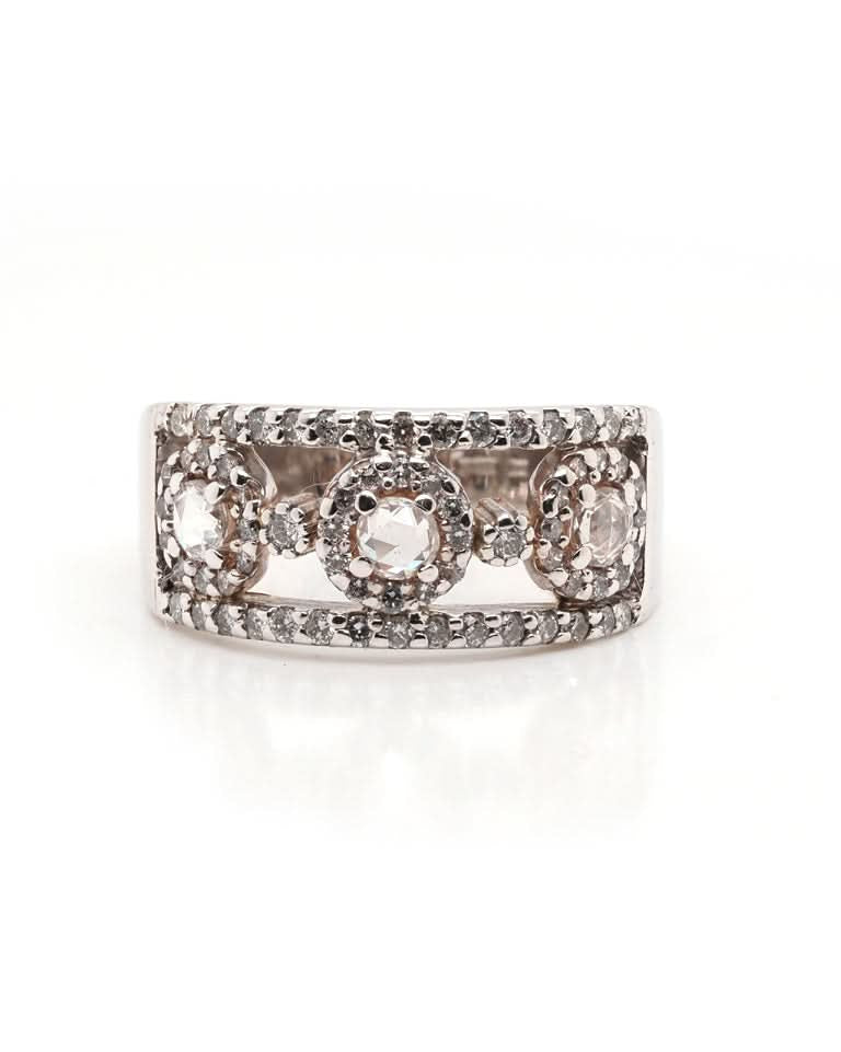 Ogden of Harrogate Jewellery Vintage 9ct White Gold Open Ornate Dress Ring Set with 3 Rose Cut Diamonds and Brilliant Cut Diamond Surround