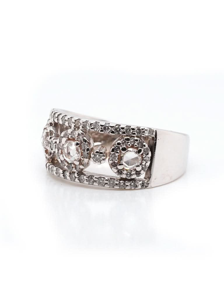 Ogden of Harrogate Jewellery Vintage 9ct White Gold Open Ornate Dress Ring Set with 3 Rose Cut Diamonds and Brilliant Cut Diamond Surround