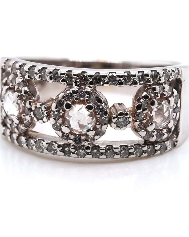 Ogden of Harrogate Jewellery Vintage 9ct White Gold Open Ornate Dress Ring Set with 3 Rose Cut Diamonds and Brilliant Cut Diamond Surround