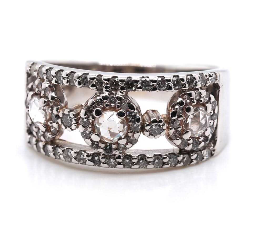 Ogden of Harrogate Jewellery Vintage 9ct White Gold Open Ornate Dress Ring Set with 3 Rose Cut Diamonds and Brilliant Cut Diamond Surround