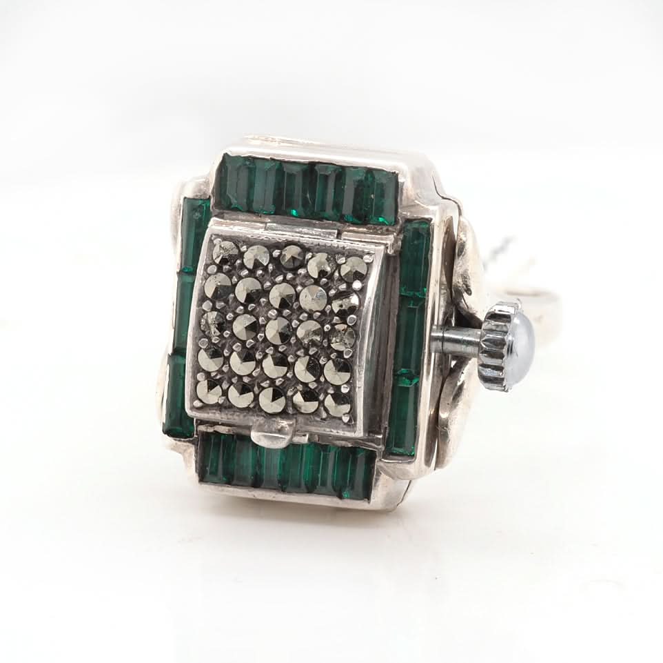 Ogden of Harrogate Jewellery Vintage Marcasite Watch Ring with Green Paste Stones – A Rare Masterpiece