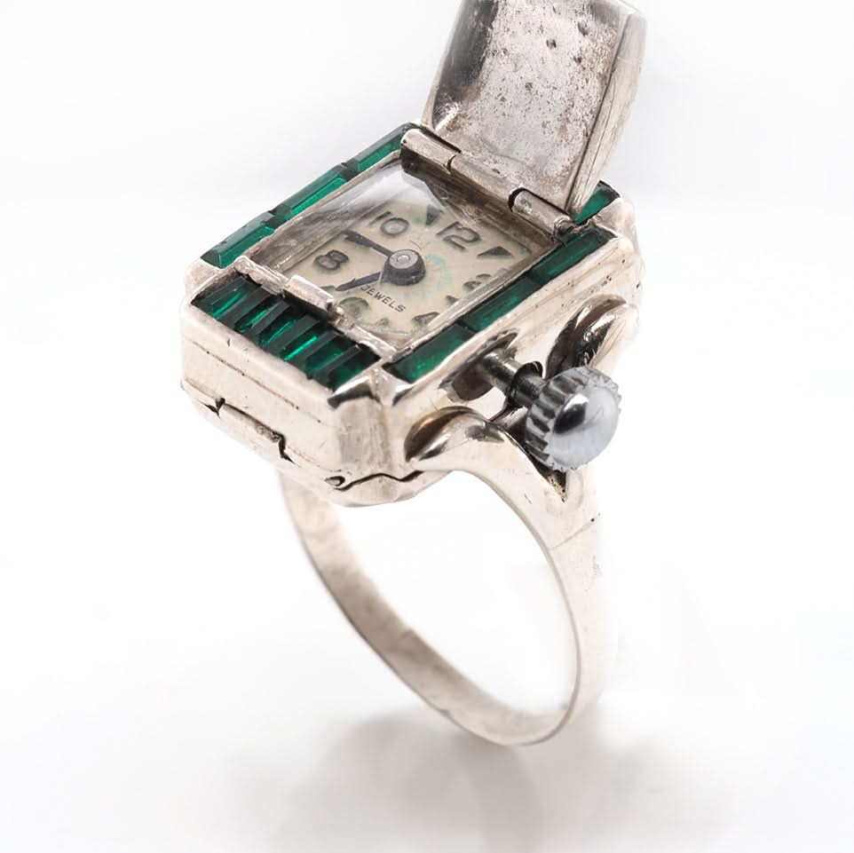 Ogden of Harrogate Jewellery Vintage Marcasite Watch Ring with Green Paste Stones – A Rare Masterpiece