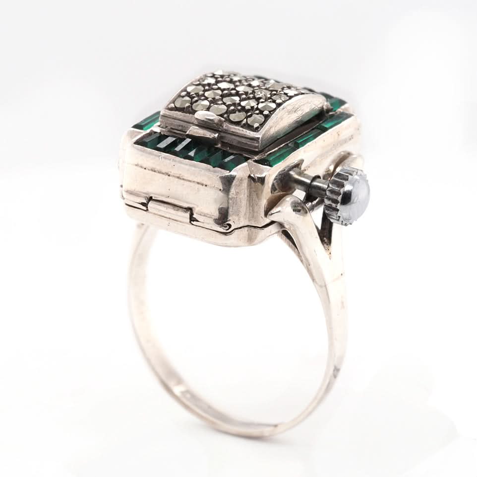 Ogden of Harrogate Jewellery Vintage Marcasite Watch Ring with Green Paste Stones – A Rare Masterpiece