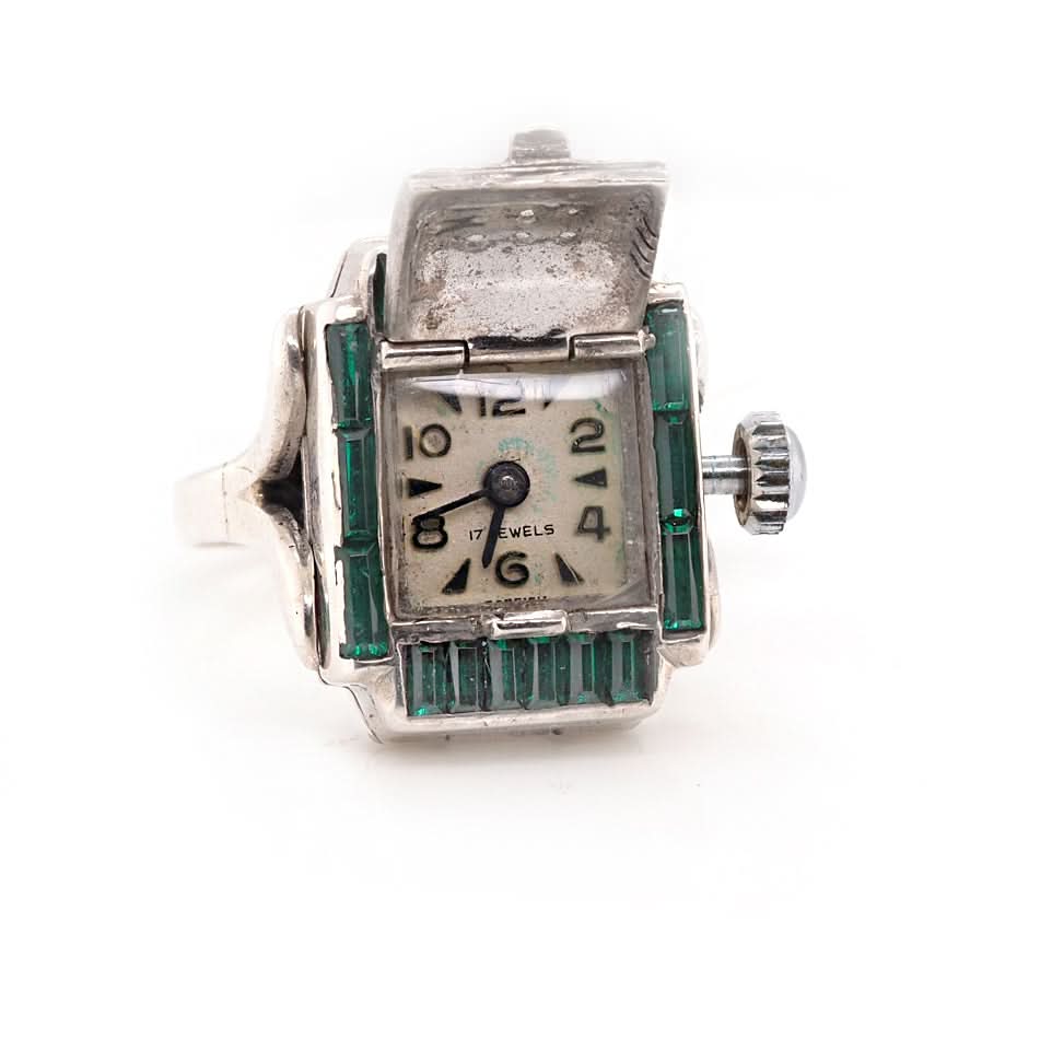 Ogden of Harrogate Jewellery Vintage Marcasite Watch Ring with Green Paste Stones – A Rare Masterpiece
