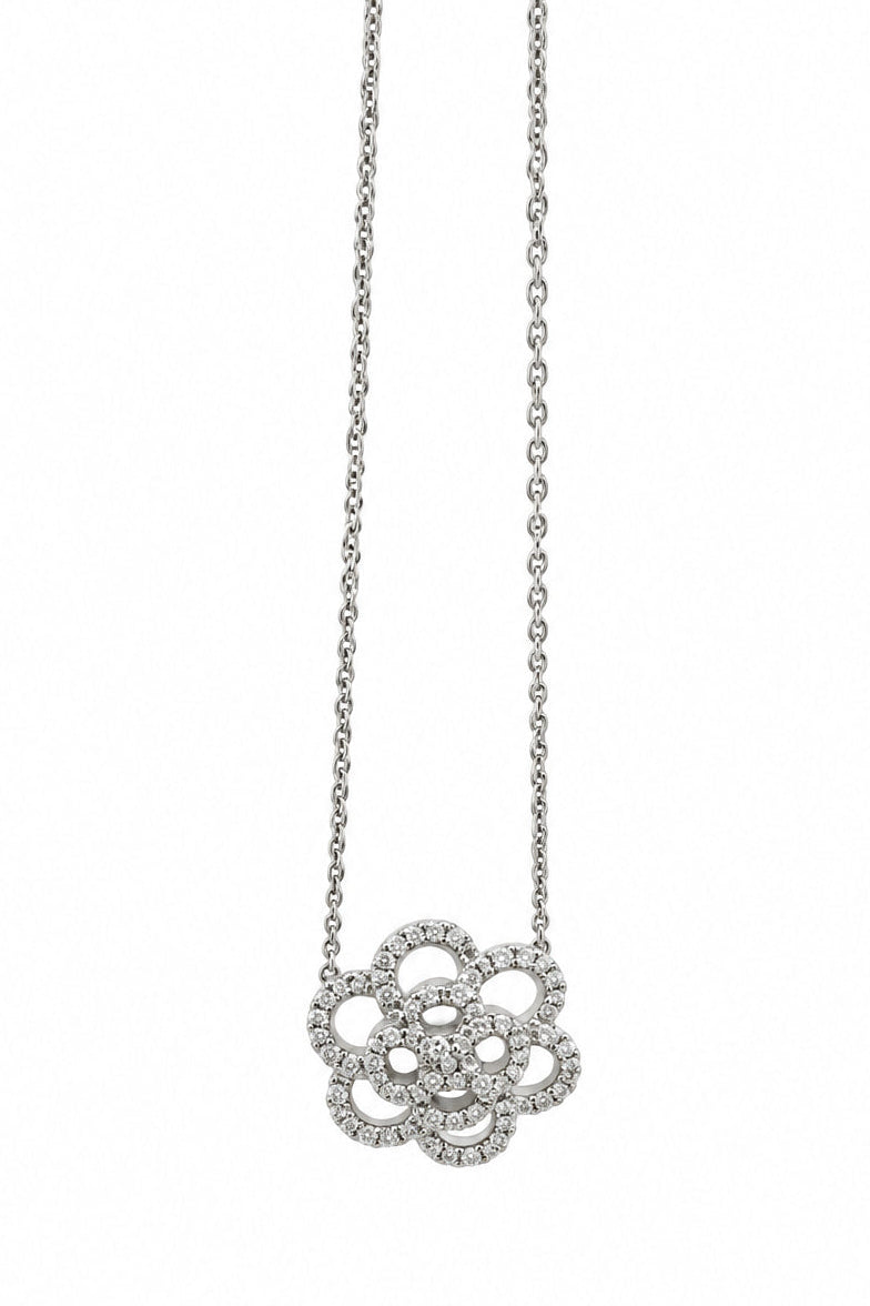 Ogden Of Harrogate Jewellery White Gold Open Flower Shaped Diamond Pendant (18ct) on Fixed 18ct Gold Chain