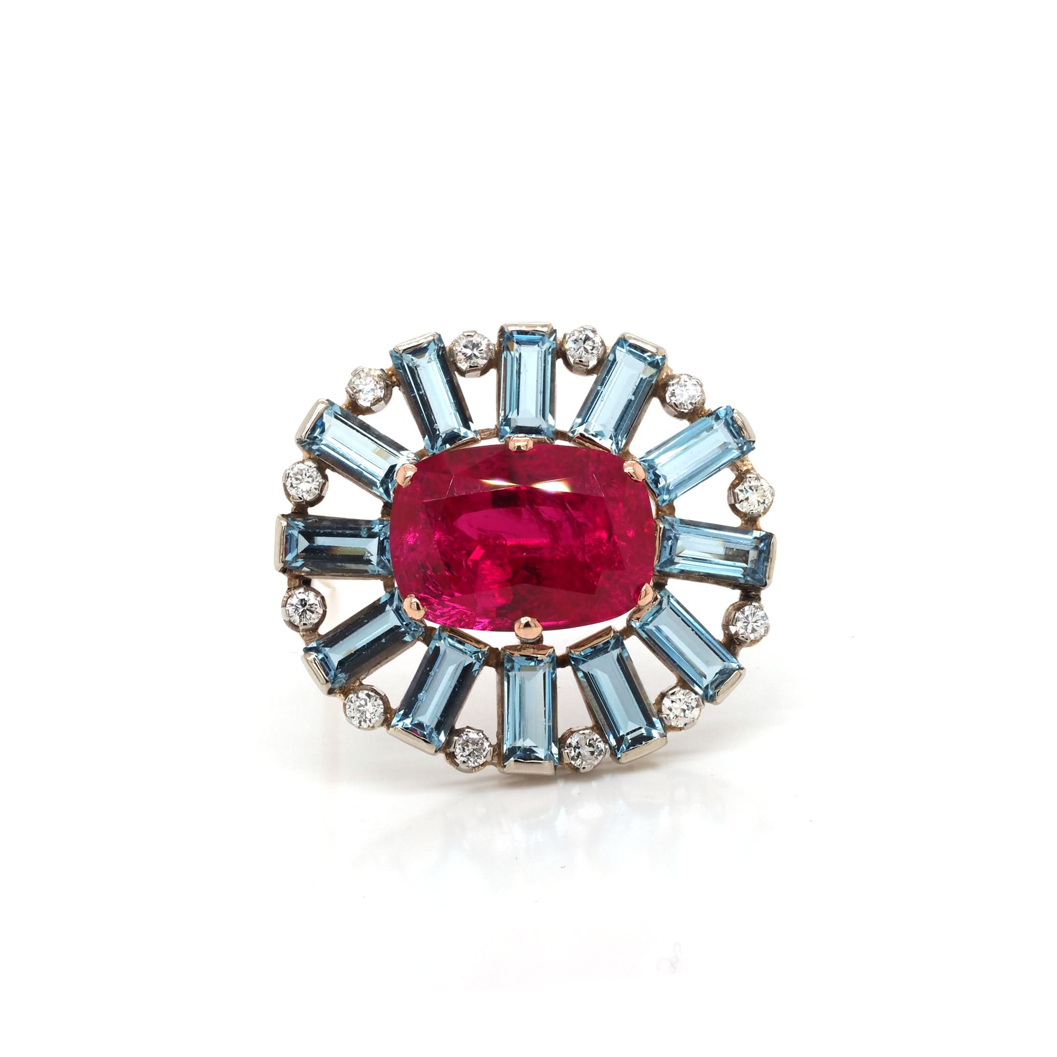 Ogden of Harrogate Jewellery Yellow Gold Aquamarine and Diamond-Set Brooch with Synthetic Ruby, c.1950s