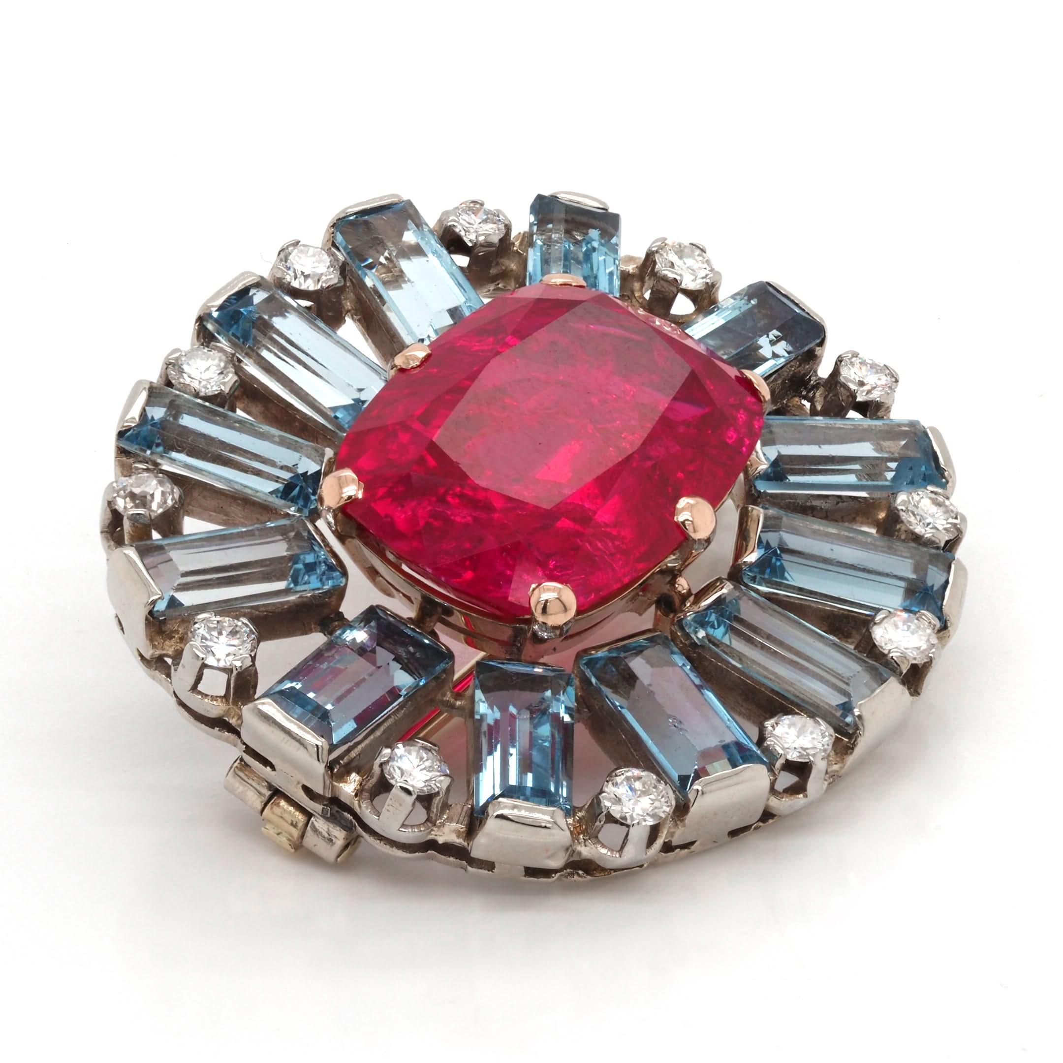 Ogden of Harrogate Jewellery Yellow Gold Aquamarine and Diamond-Set Brooch with Synthetic Ruby, c.1950s