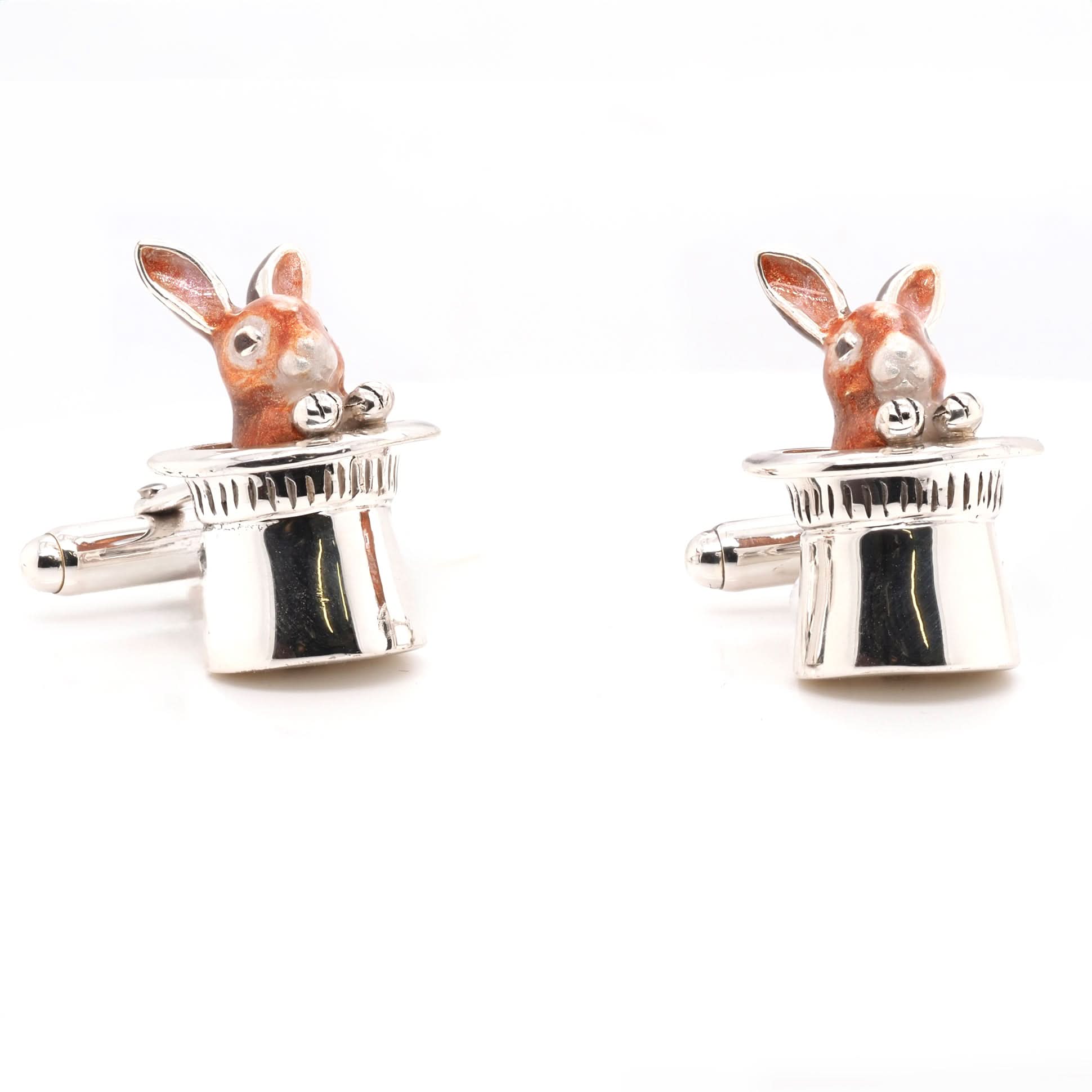 Ogden of Harrogate Mens Accessories A Pair of Silver Enamel Rabbit in Hat Cufflinks