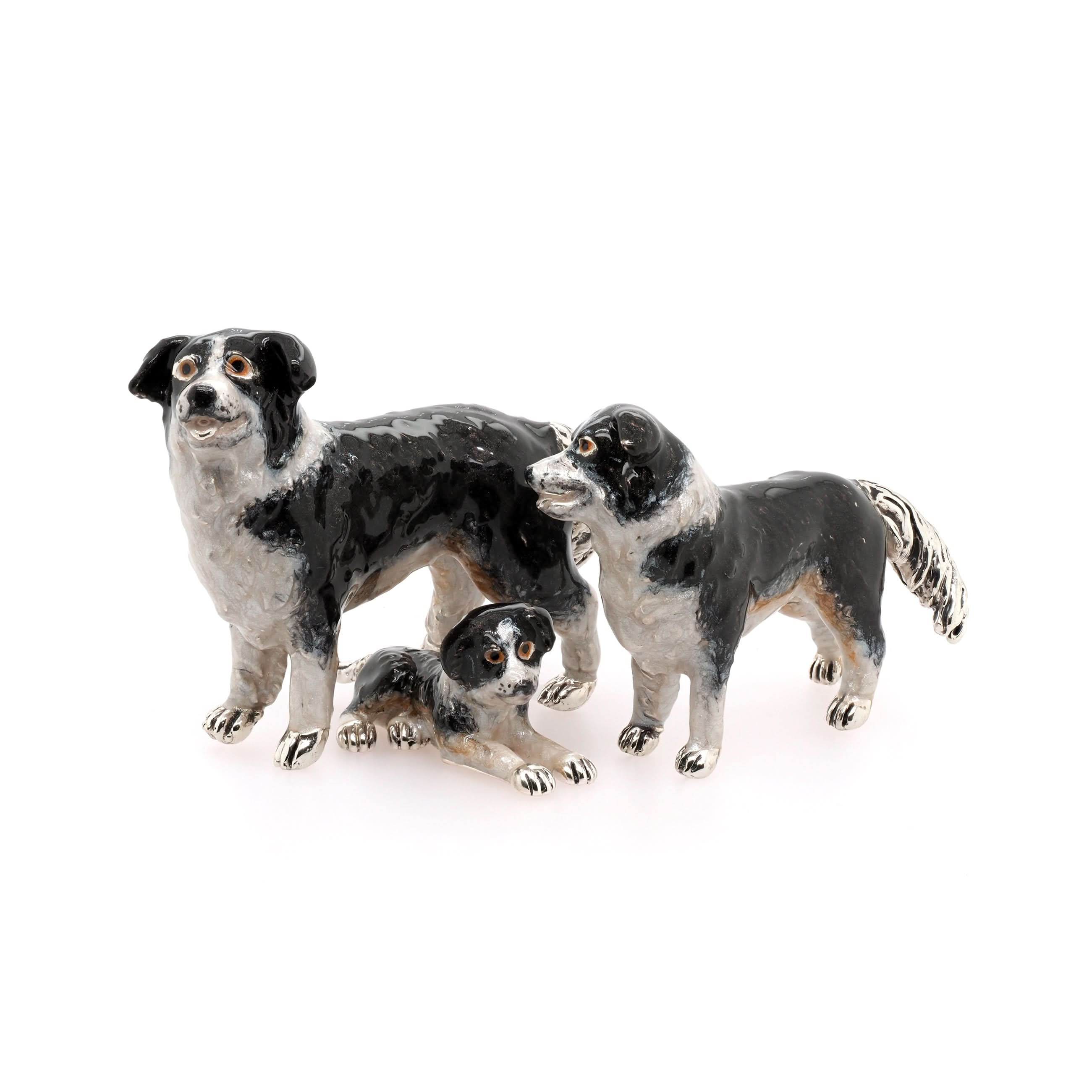 Ogden of Harrogate Silverware Homewares Gifts Family of Silver and Enamel Border Collie Dogs