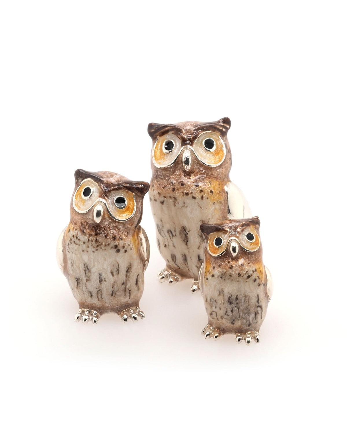 Ogden of Harrogate Silverware Homewares Gifts Family of Silver and Enamel Tawny Owls