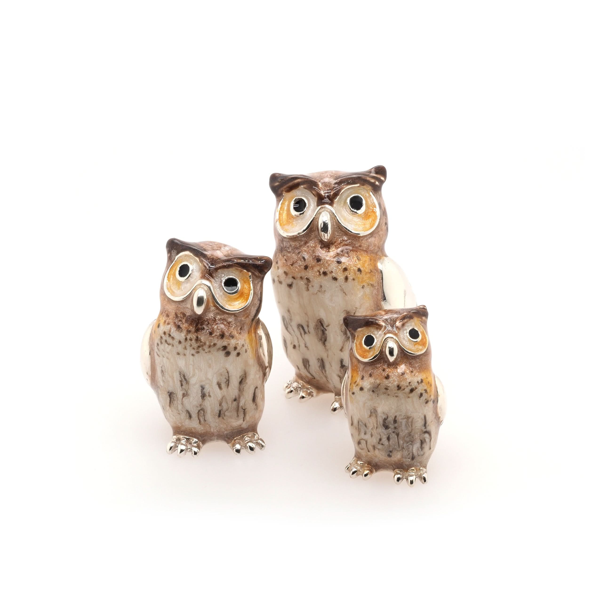 Ogden of Harrogate Silverware Homewares Gifts Family of Silver and Enamel Tawny Owls