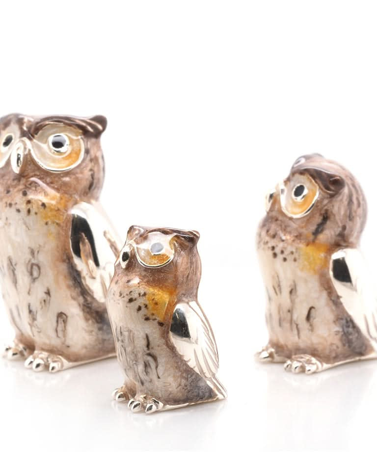 Ogden of Harrogate Silverware Homewares Gifts Family of Silver and Enamel Tawny Owls