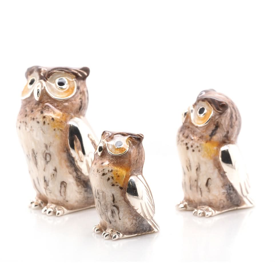 Ogden of Harrogate Silverware Homewares Gifts Family of Silver and Enamel Tawny Owls