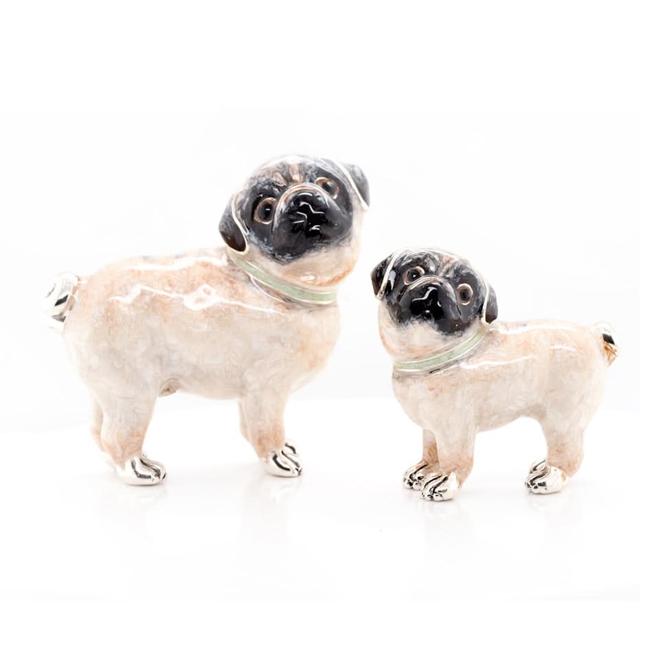 Ogden Of Harrogate Silverware Homewares Gifts Handcrafted Silver and Enamel Pair of Pugs