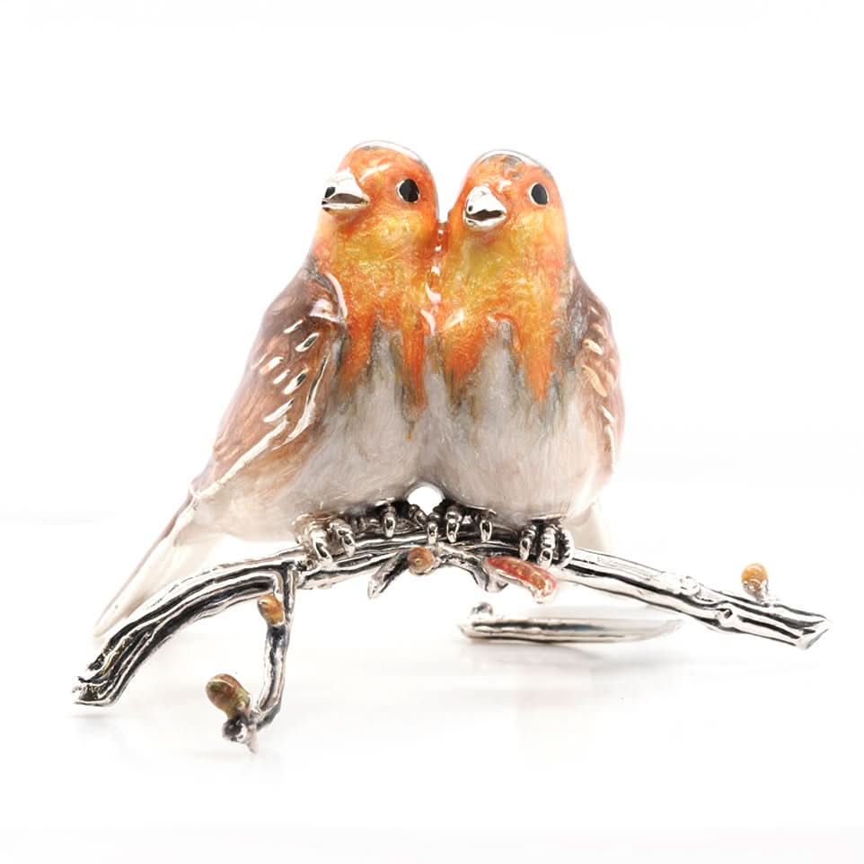 Ogden Of Harrogate Silverware Homewares Gifts Handcrafted Silver and Enamel Robin Pair on Branch