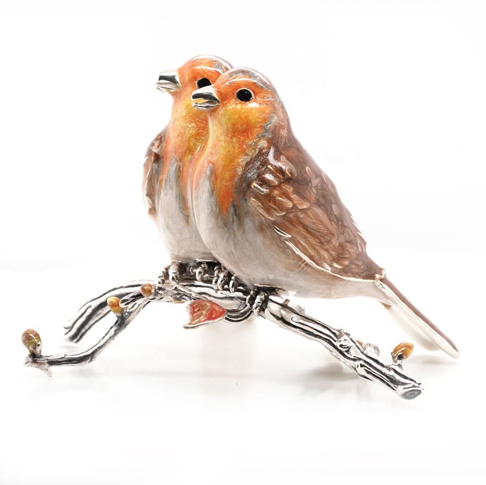 Ogden Of Harrogate Silverware Homewares Gifts Handcrafted Silver and Enamel Robin Pair on Branch