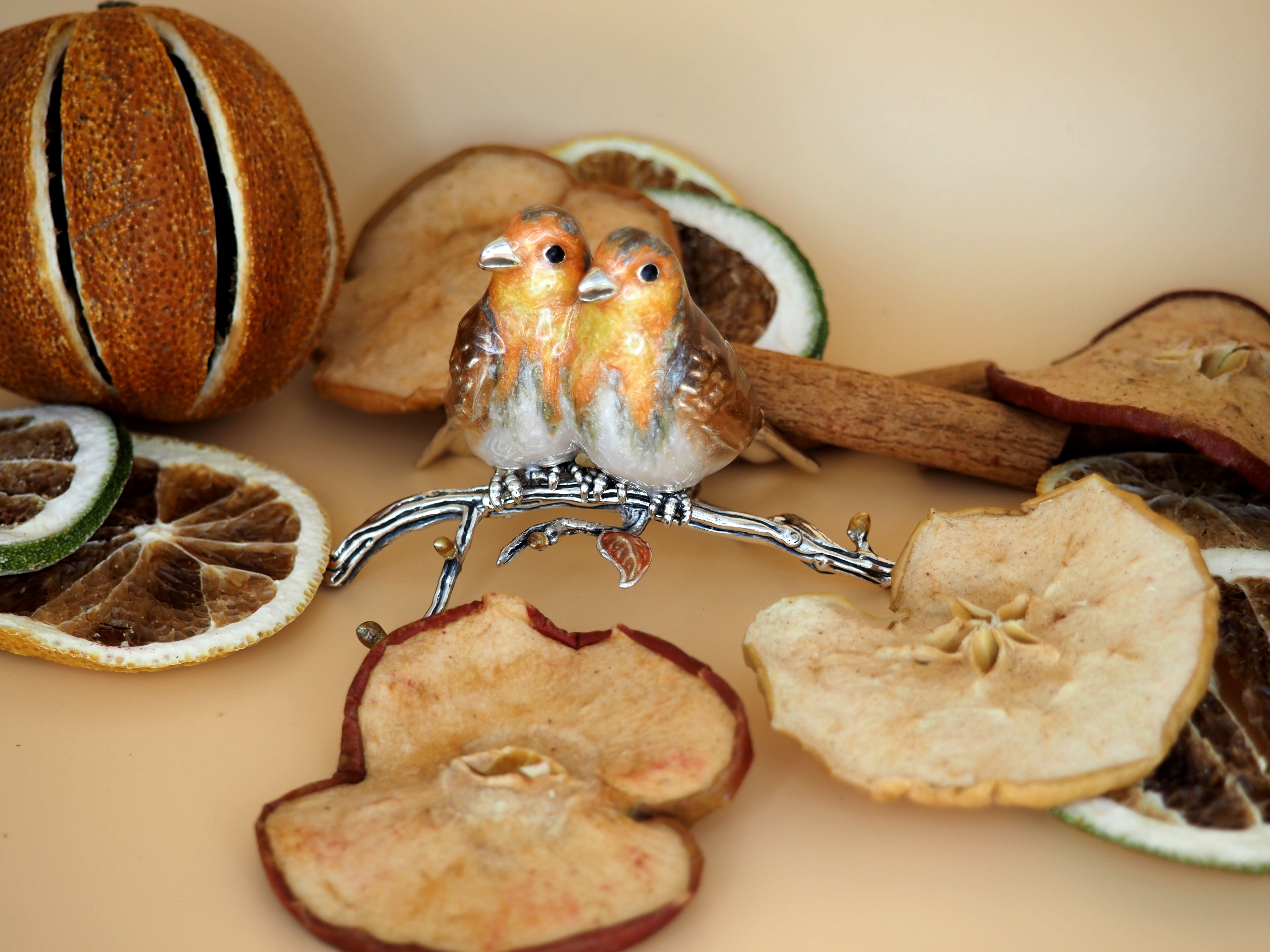 Ogden Of Harrogate Silverware Homewares Gifts Handcrafted Silver and Enamel Robin Pair on Branch