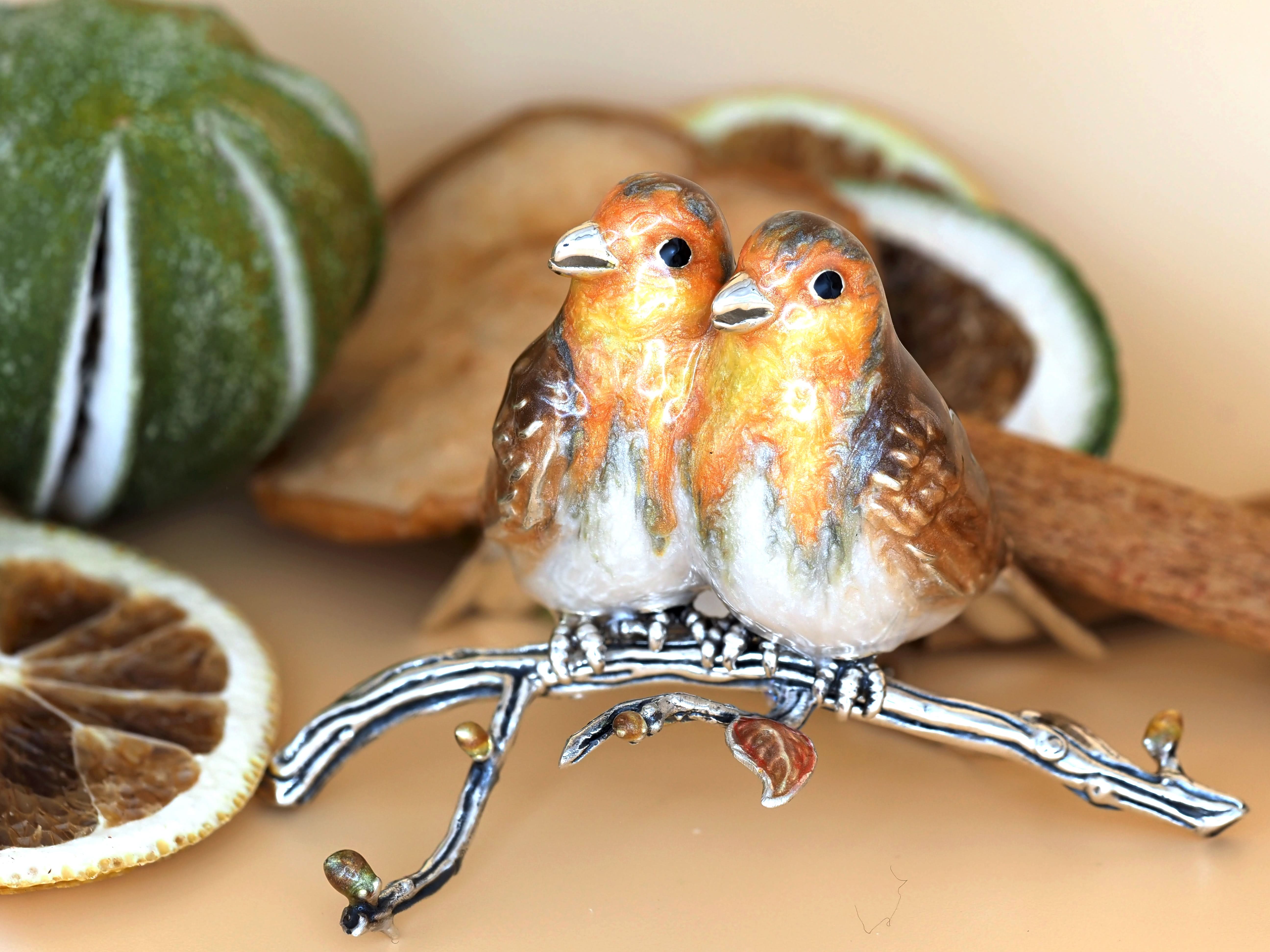 Ogden Of Harrogate Silverware Homewares Gifts Handcrafted Silver and Enamel Robin Pair on Branch