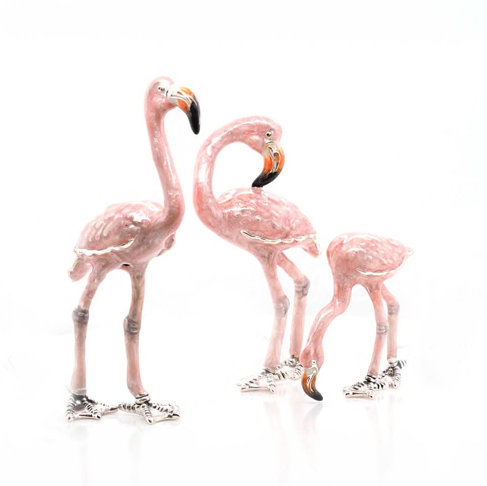 Ogden of Harrogate Silverware Homewares Gifts Handcrafted Silver and Enamel Set of Three Flamingos