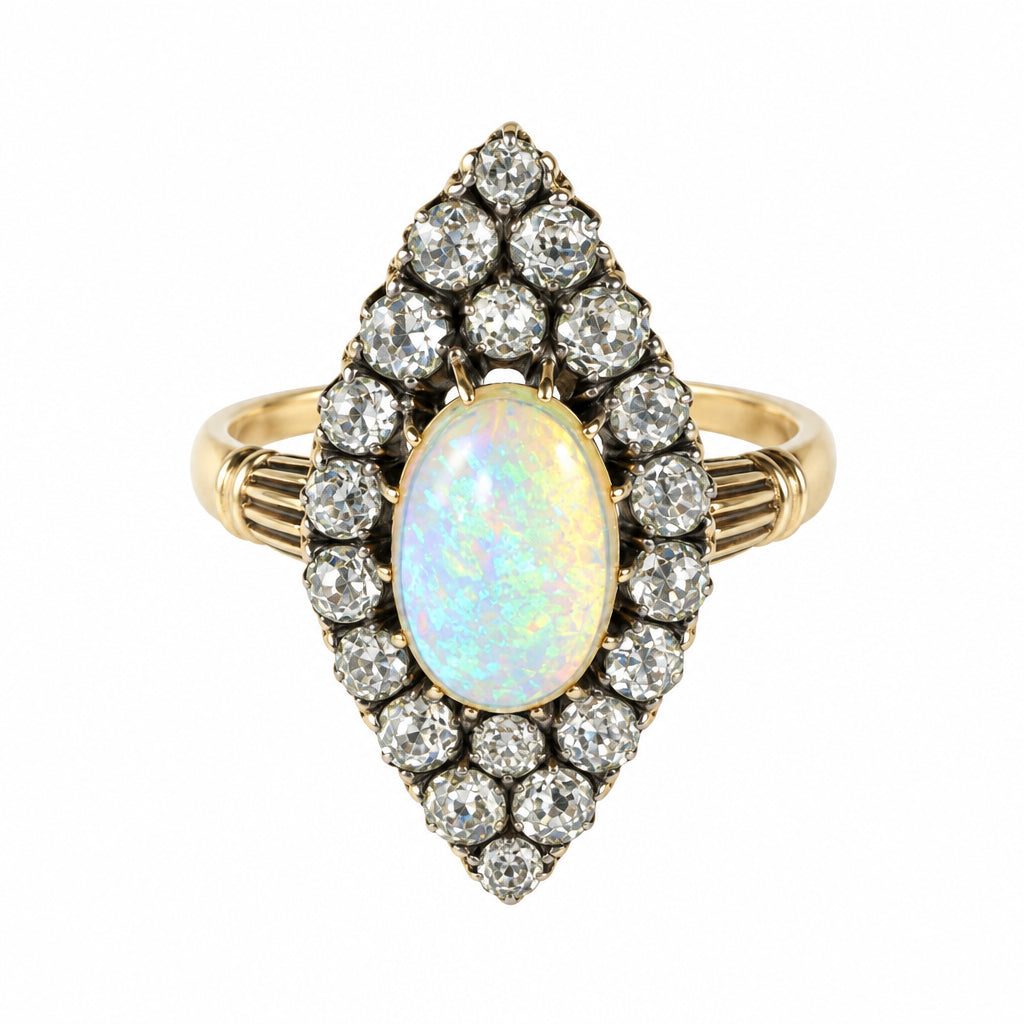Ogden Of Harrogate Vintage Jewellery 18ct Yellow Gold Victorian Navette Cut Opal and Diamond set Ring