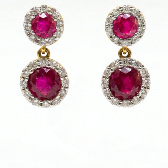 Ogden Of Harrogate Vintage Jewellery A Pair of Ruby and Diamonds Drop Earrings in 18ct Yellow Gold