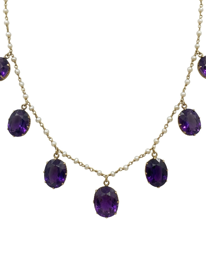 Ogden Of Harrogate Vintage Jewellery An Edwardian, 15ct Yellow Gold Siberian Amythist and Seed Pearl Necklace