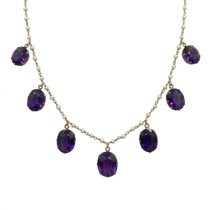 Ogden Of Harrogate Vintage Jewellery An Edwardian, 15ct Yellow Gold Siberian Amythist and Seed Pearl Necklace
