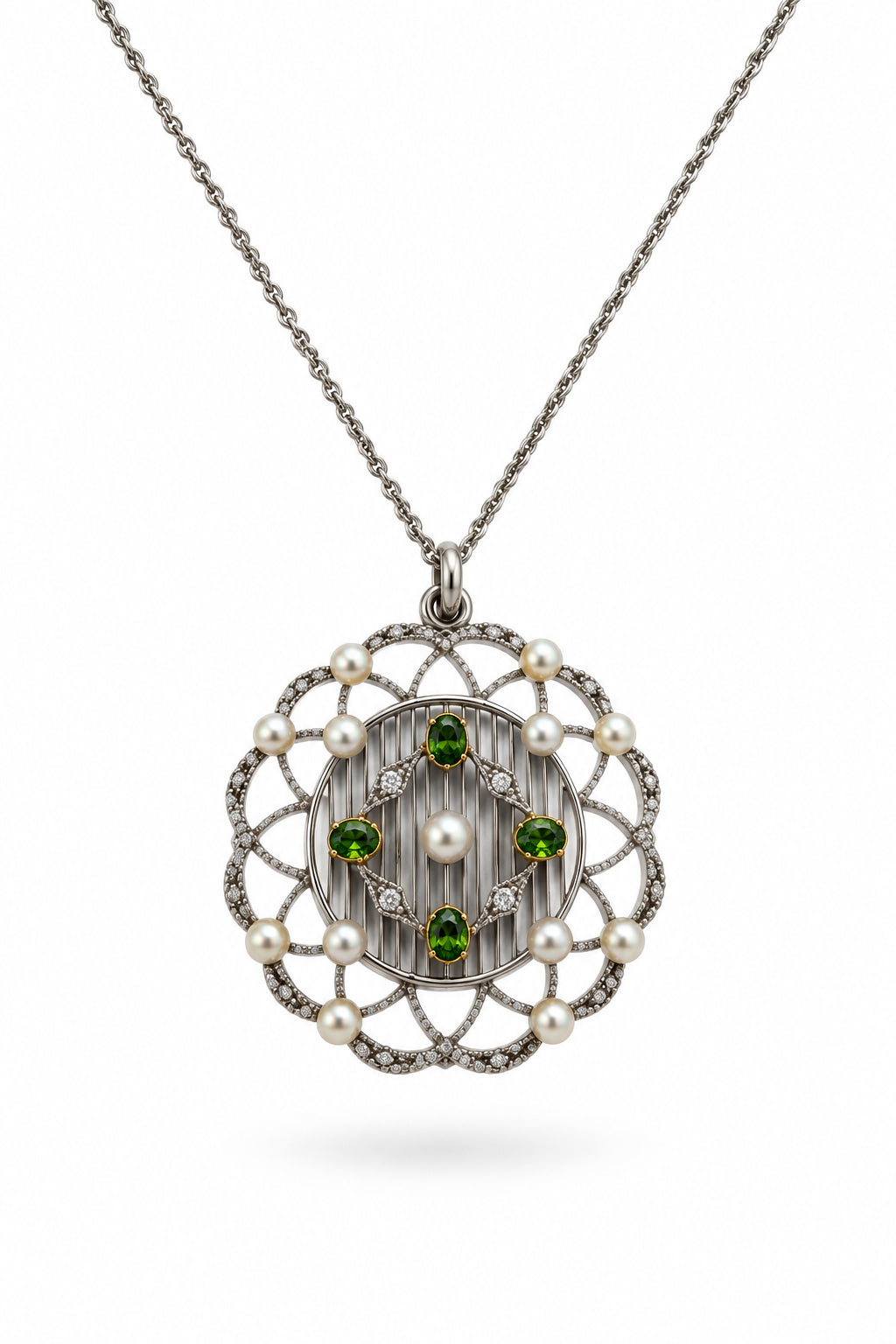 Ogden Of Harrogate Vintage Jewellery Antique Platinum Demantoid Garnet, Pearl and Diamond Pendant With Platinum Chain