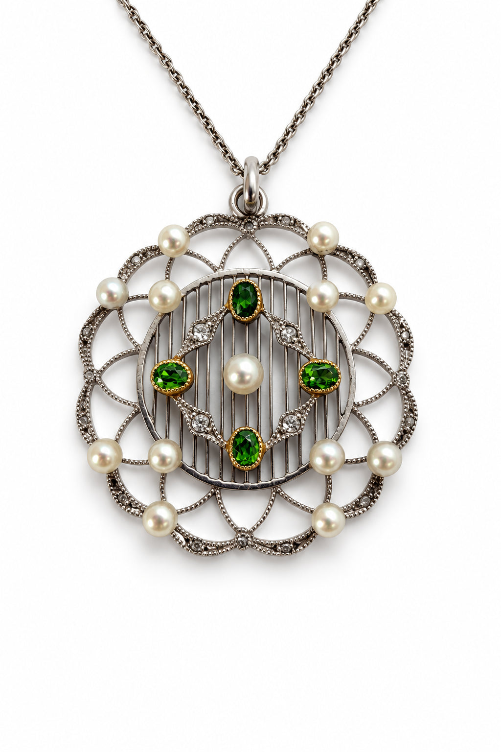 Ogden Of Harrogate Vintage Jewellery Antique Platinum Demantoid Garnet, Pearl and Diamond Pendant With Platinum Chain