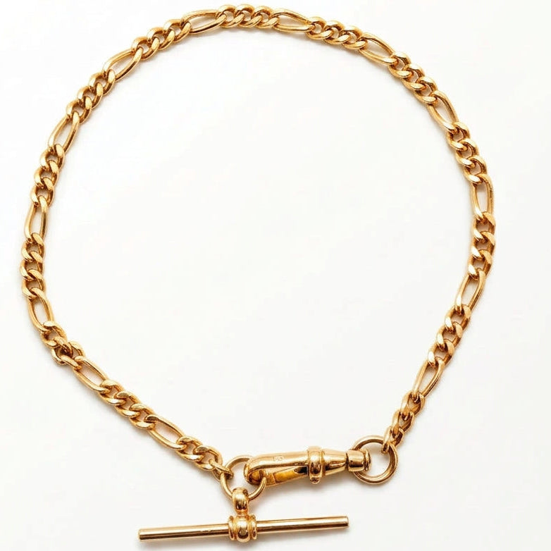 Ogden Of Harrogate Vintage Jewellery Figaro Chain Bracelet with T Bar in 9ct Yellow gold, 18cm long