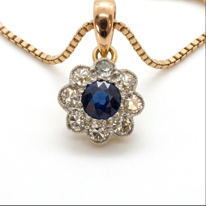 Ogden Of Harrogate Vintage Jewellery Sapphire and Diamond Pendant and Chain in 18ct Yellow Gold