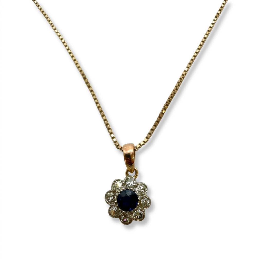 Ogden Of Harrogate Vintage Jewellery Sapphire and Diamond Pendant and Chain in 18ct Yellow Gold