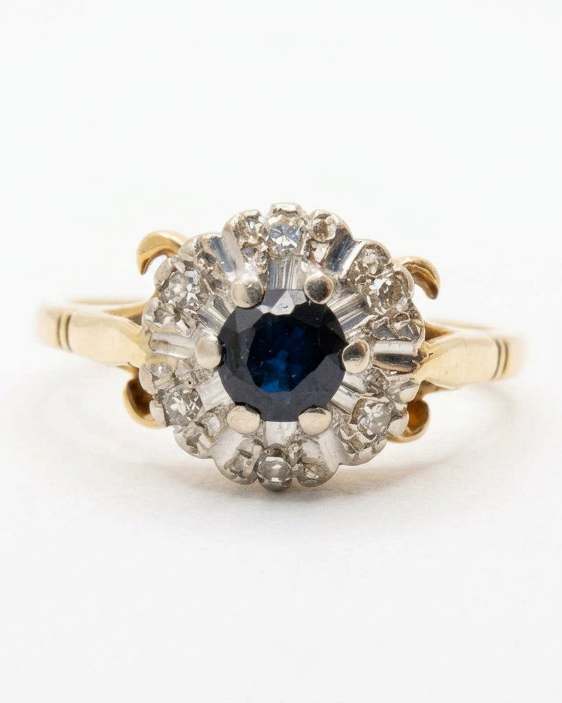 Ogden Of Harrogate Vintage Jewellery Sapphire and Diamond Small Cluster Ring, Circa 1964 in 18ct Yellow Gold