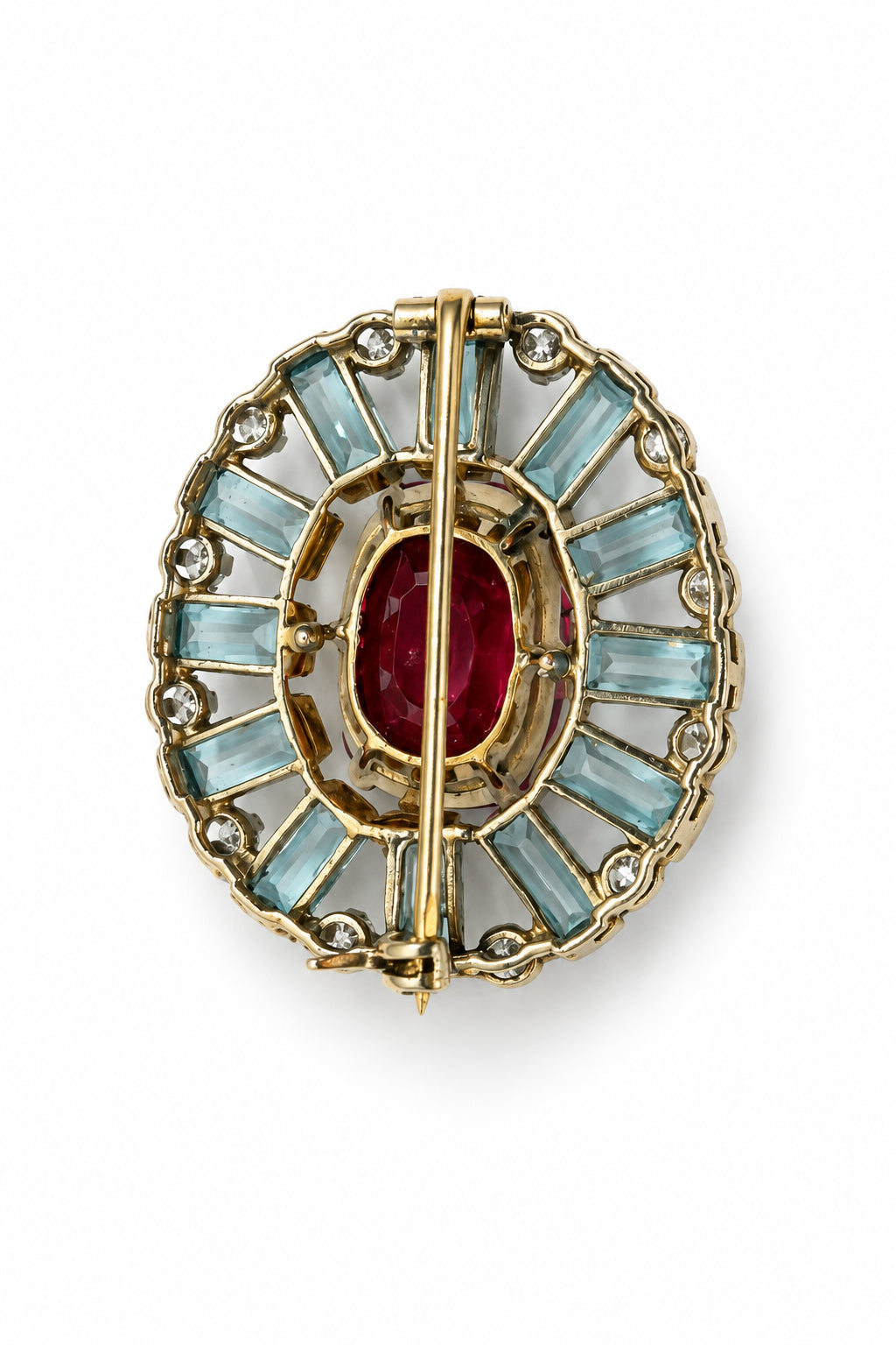 Ogden Of Harrogate Vintage Jewellery Vintage Yellow Gold Synthetic Ruby and Aquamarine and Diamond Brooch, 1950'S