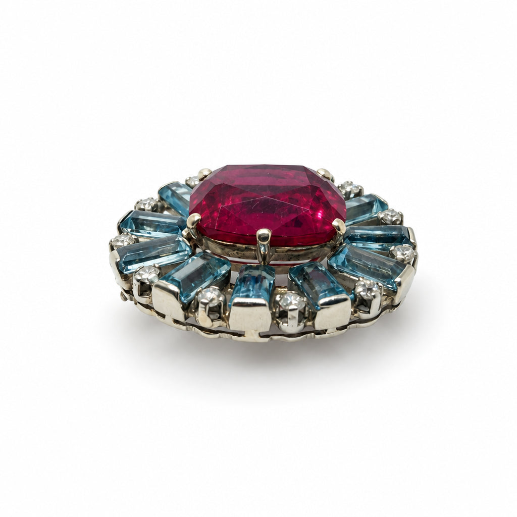 Ogden Of Harrogate Vintage Jewellery Vintage Yellow Gold Synthetic Ruby and Aquamarine and Diamond Brooch, 1950'S