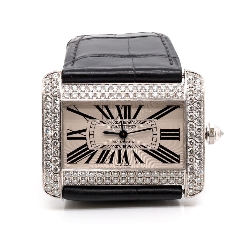Ogden Vintage Watches Luxury Watch Cartier 18ct White Gold Diamond-Set Divan XI Tank Automatic Strap Watch 2626